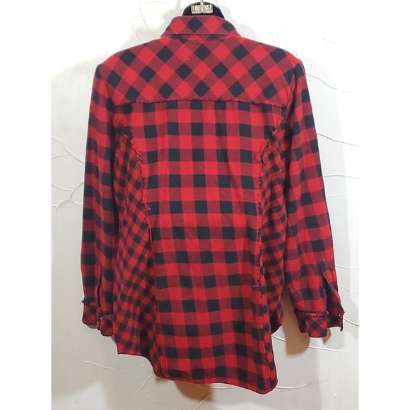 Reba Size Large Buffalo Plaid Red Black Snap Up Beaded Raw Edge Flannel Shirt - Picture 11 of 14